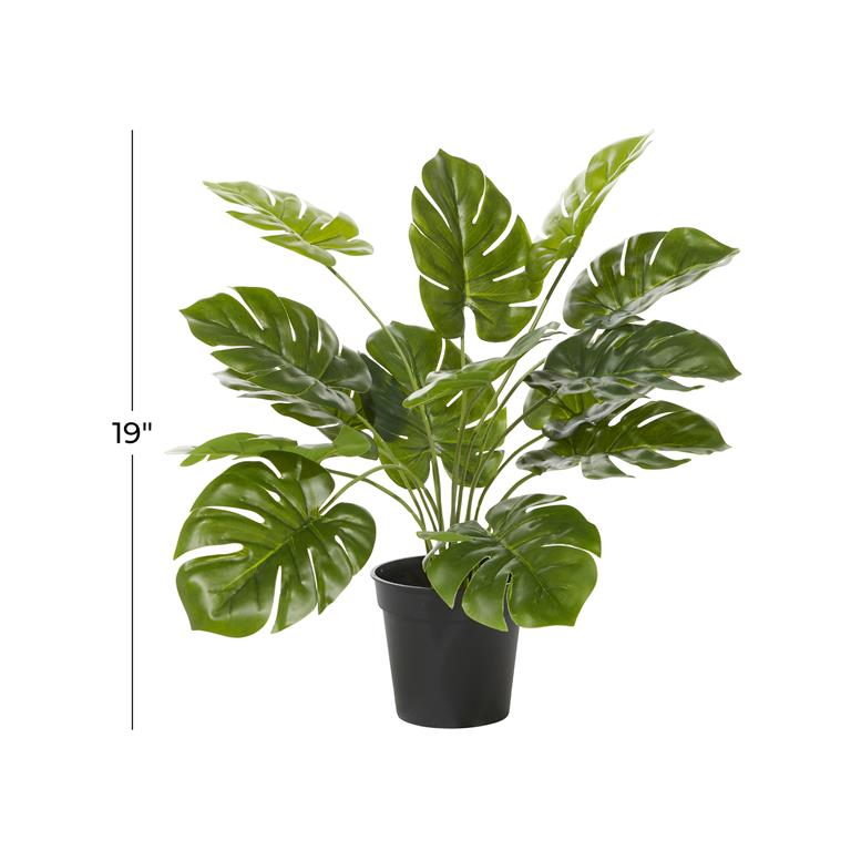 GREEN FAUX FOLIAGE MONSTERA ARTIFICIAL PLANT WITH BLACK PLASTIC POT