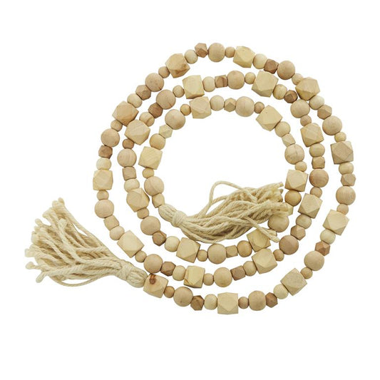 LIGHT BROWN WOOD GEOMETRIC HANDMADE BEADED GARLAND WITH TASSEL