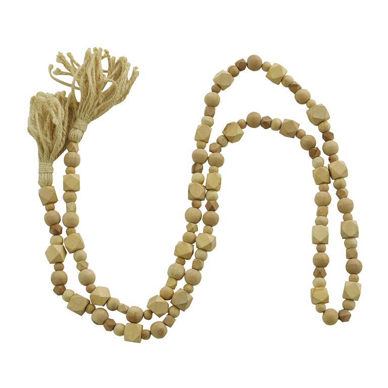 LIGHT BROWN WOOD GEOMETRIC HANDMADE BEADED GARLAND WITH TASSEL
