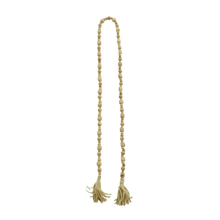 LIGHT BROWN WOOD GEOMETRIC HANDMADE BEADED GARLAND WITH TASSEL
