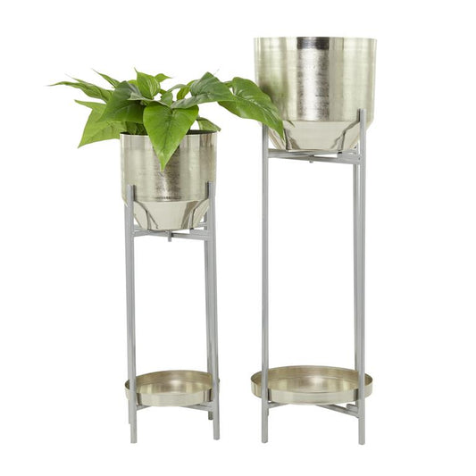 SILVER METAL PLANTER WITH REMOVABLE STAND