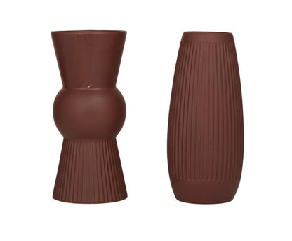 RED CERAMIC RIBBED VASE WITH HANDLES
