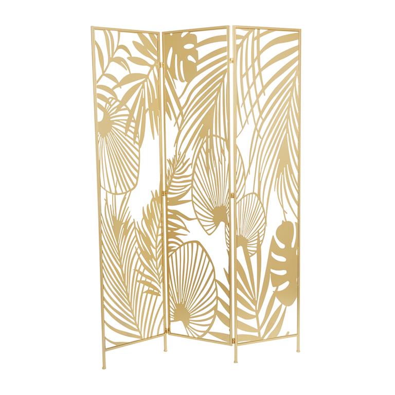 GOLD METAL HINGED FOLDABLE PARTITION 3 PANEL ROOM DIVIDER SCREEN WITH PALM LEAF PATTERNS