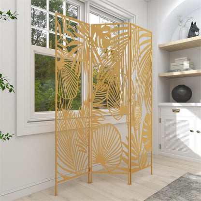 GOLD METAL HINGED FOLDABLE PARTITION 3 PANEL ROOM DIVIDER SCREEN WITH PALM LEAF PATTERNS