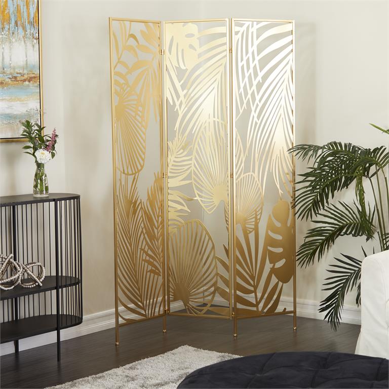 GOLD METAL HINGED FOLDABLE PARTITION 3 PANEL ROOM DIVIDER SCREEN WITH PALM LEAF PATTERNS