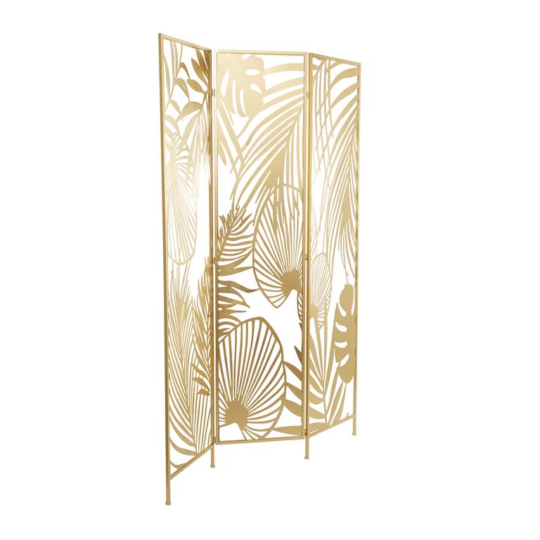 GOLD METAL HINGED FOLDABLE PARTITION 3 PANEL ROOM DIVIDER SCREEN WITH PALM LEAF PATTERNS