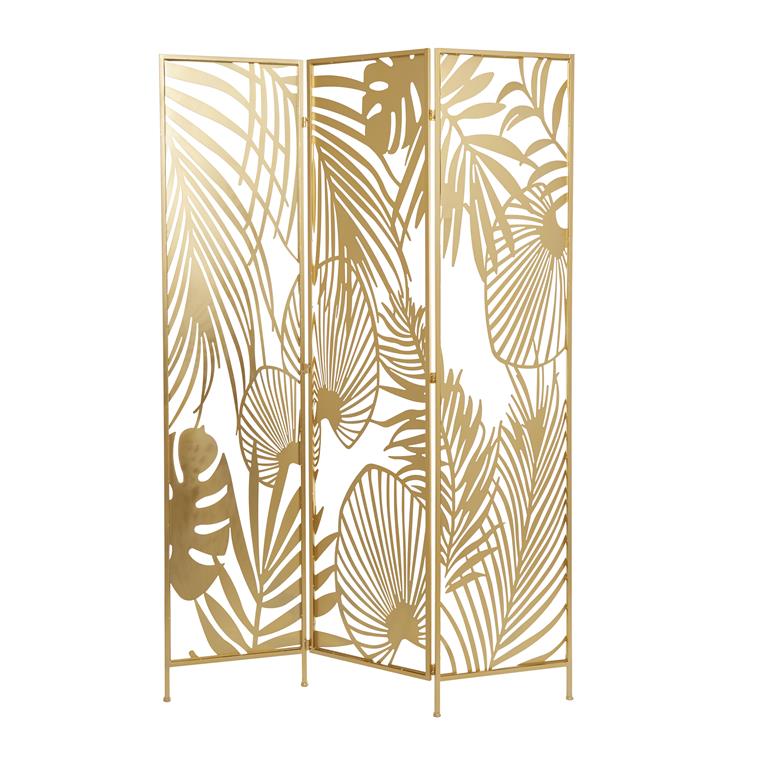 GOLD METAL HINGED FOLDABLE PARTITION 3 PANEL ROOM DIVIDER SCREEN WITH PALM LEAF PATTERNS