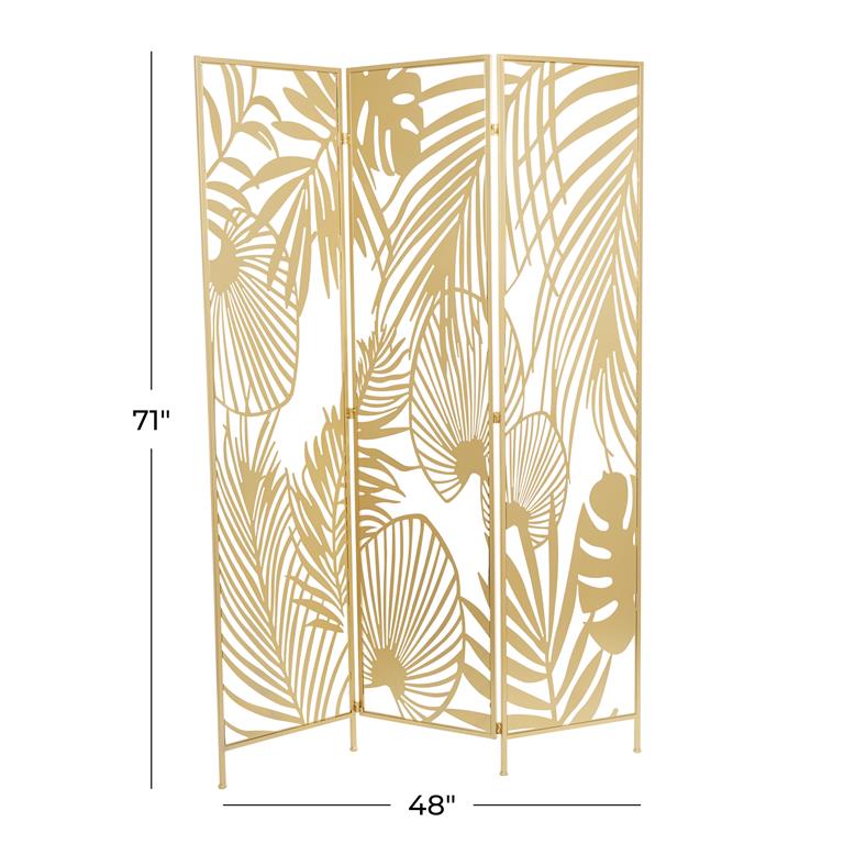 GOLD METAL HINGED FOLDABLE PARTITION 3 PANEL ROOM DIVIDER SCREEN WITH PALM LEAF PATTERNS