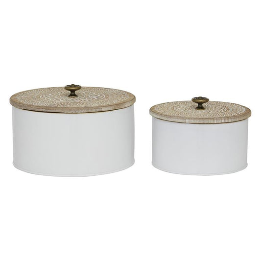 WHITE METAL DECORATIVE JARS WITH WOOD LIDS