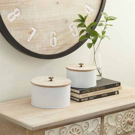 WHITE METAL DECORATIVE JARS WITH WOOD LIDS