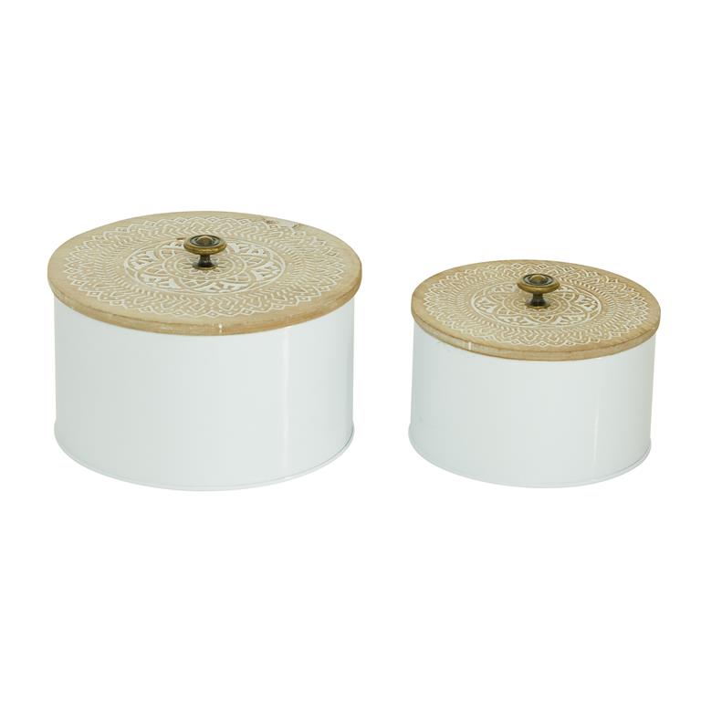 WHITE METAL DECORATIVE JARS WITH WOOD LIDS