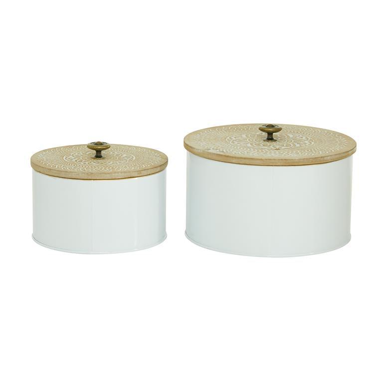 WHITE METAL DECORATIVE JARS WITH WOOD LIDS