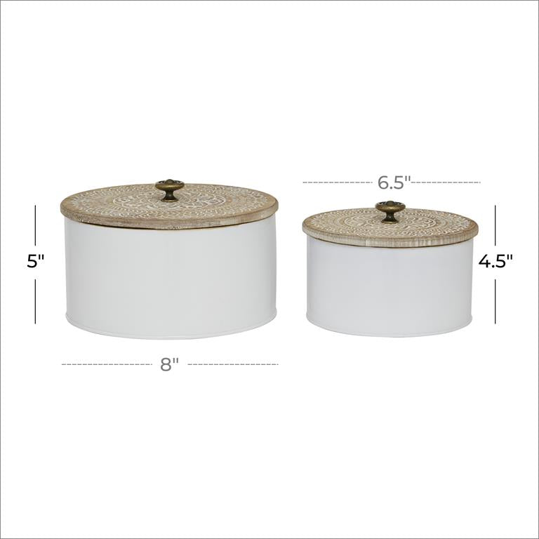 WHITE METAL DECORATIVE JARS WITH WOOD LIDS