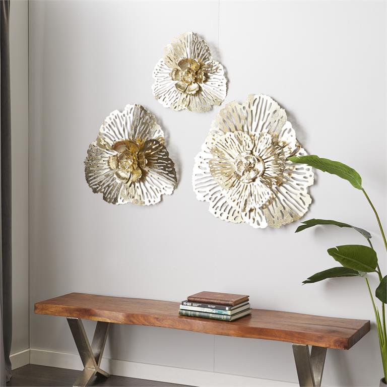 GOLD METAL FLORAL WALL DECOR, SET OF 3 29", 24", 18"H