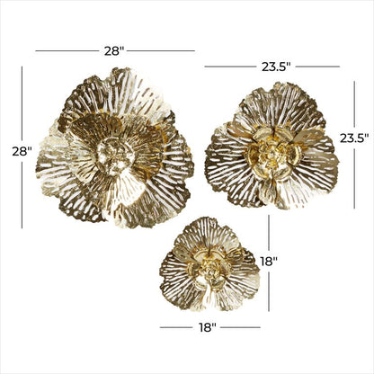 GOLD METAL FLORAL WALL DECOR, SET OF 3 29", 24", 18"H