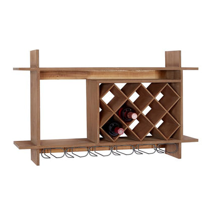 BROWN WOOD GEOMETRIC 8 BOTTLE SLOT WALL WINE RACK WITH 6 GLASS HOLDER SLOTS