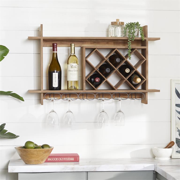 BROWN WOOD GEOMETRIC 8 BOTTLE SLOT WALL WINE RACK WITH 6 GLASS HOLDER SLOTS