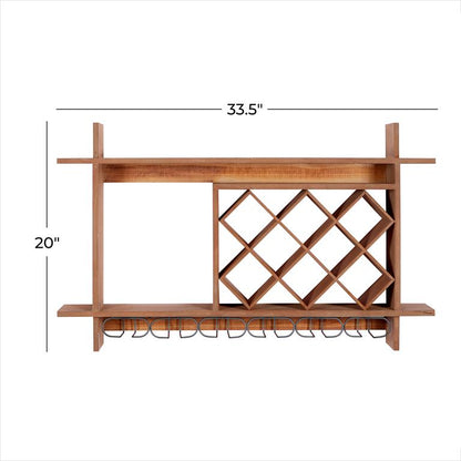 BROWN WOOD GEOMETRIC 8 BOTTLE SLOT WALL WINE RACK WITH 6 GLASS HOLDER SLOTS