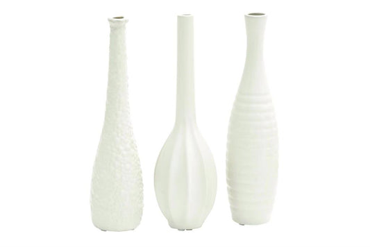 COSMOLIVING BY COSMOPOLITAN WHITE CERAMIC SLIM TEXTURED BOTTLENECK 1 PIECE  VASE WITH VARYING PATTERNS