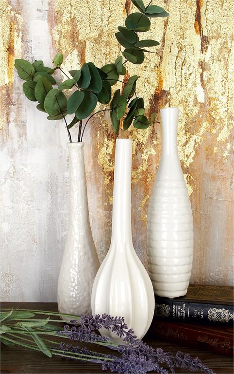 COSMOLIVING BY COSMOPOLITAN WHITE CERAMIC SLIM TEXTURED BOTTLENECK 1 PIECE  VASE WITH VARYING PATTERNS