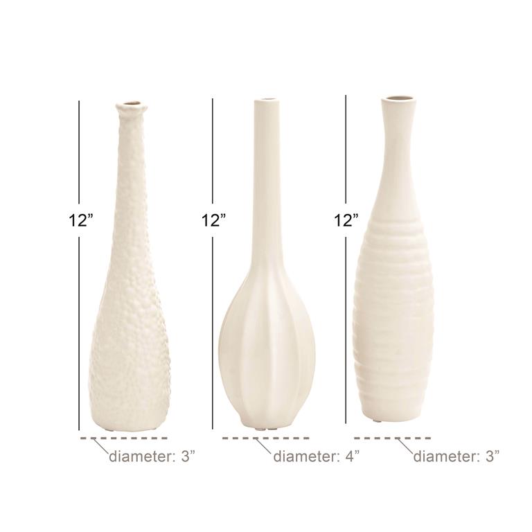 COSMOLIVING BY COSMOPOLITAN WHITE CERAMIC SLIM TEXTURED BOTTLENECK 1 PIECE  VASE WITH VARYING PATTERNS