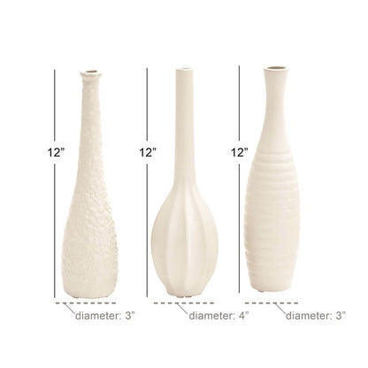 COSMOLIVING BY COSMOPOLITAN WHITE CERAMIC SLIM TEXTURED BOTTLENECK 1 PIECE  VASE WITH VARYING PATTERNS