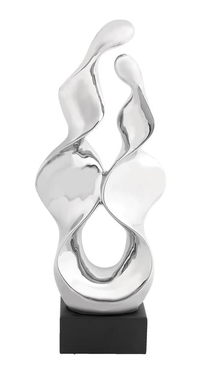 SILVER CERAMIC ABSTRACT SCULPTURE WITH BLACK BASE
