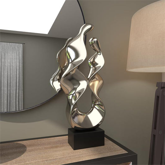 SILVER CERAMIC ABSTRACT SCULPTURE WITH BLACK BASE