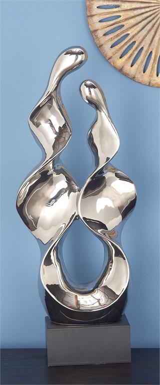 SILVER CERAMIC ABSTRACT SCULPTURE WITH BLACK BASE