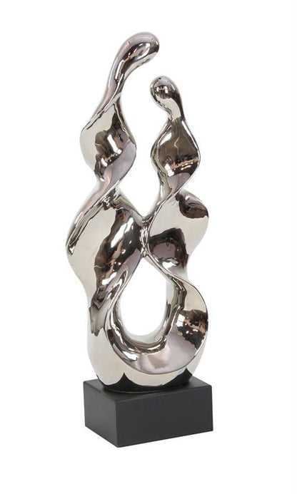 SILVER CERAMIC ABSTRACT SCULPTURE WITH BLACK BASE