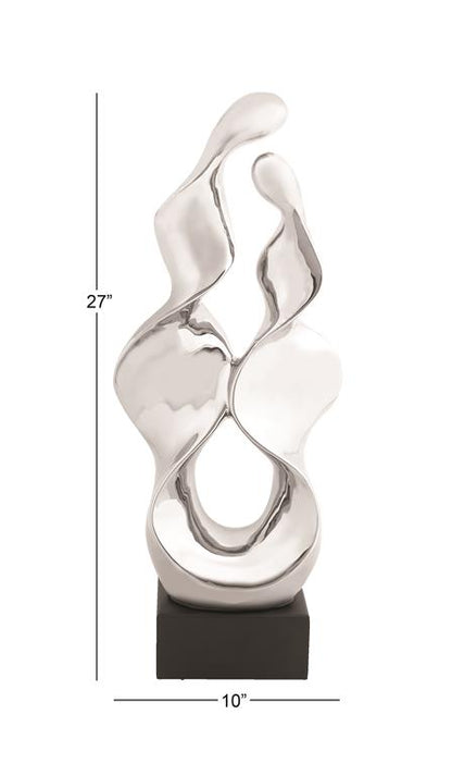 SILVER CERAMIC ABSTRACT SCULPTURE WITH BLACK BASE