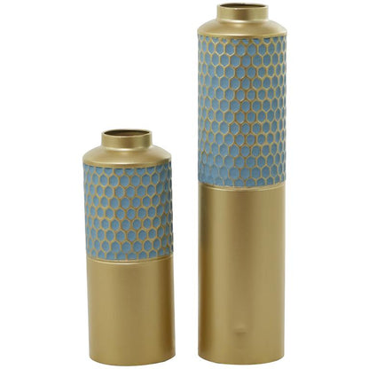 COSMOLIVING BY COSMOPOLITAN LIGHT BLUE METAL HONEYCOMB VASE,