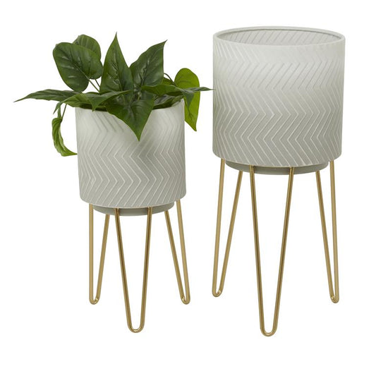 COSMOLIVING BY COSMOPOLITAN WHITE METAL PLANTER WITH REMOVABLE STAND