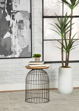 Round Accent Table With Bird Cage Base Natural And Gunmetal