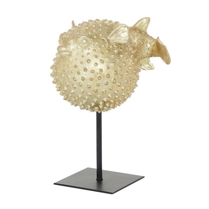 GOLD POLYRESIN BLOWFISH HANDMADE SPIKED SCULPTURE WITH STAND,