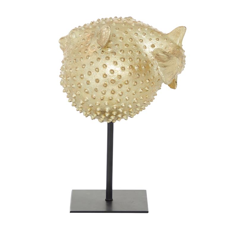GOLD POLYRESIN BLOWFISH HANDMADE SPIKED SCULPTURE WITH STAND,