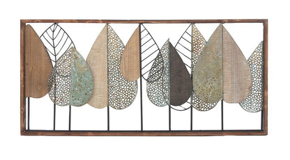 BROWN METAL LEAF VARYING TEXTURE WALL DECOR WITH WOOD FRAME,