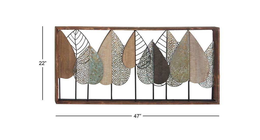 BROWN METAL LEAF VARYING TEXTURE WALL DECOR WITH WOOD FRAME,