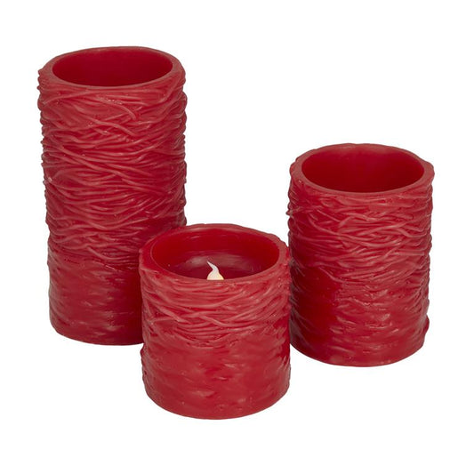 RED WAX TEXTURED FLAMELESS CANDLE WITH REMOTE CONTROL, SET OF 3 6", 4", 3"H