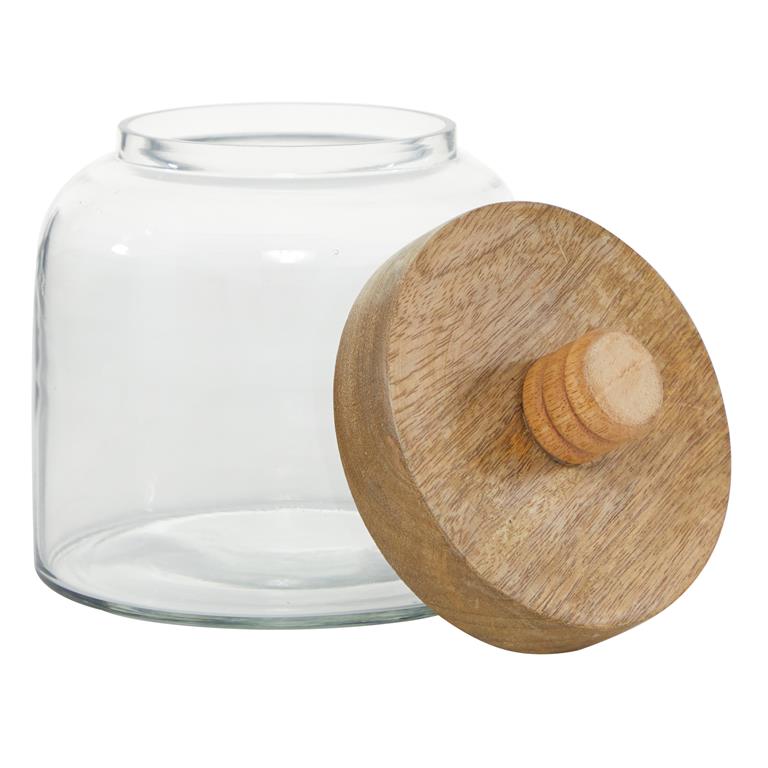 CLEAR GLASS CANISTERS WITH WOOD LIDS,