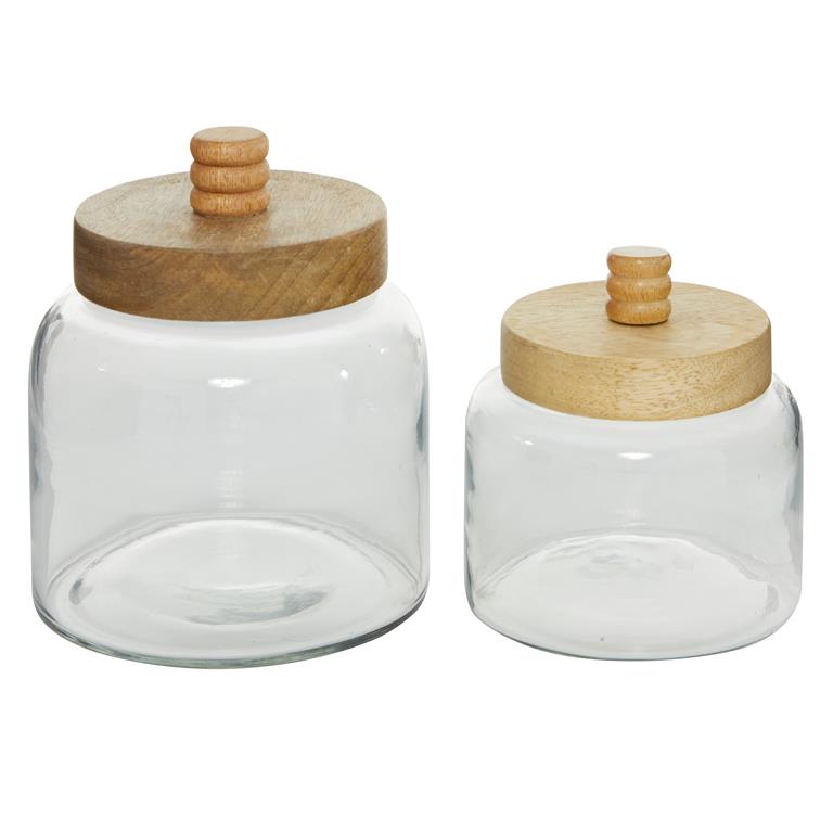 CLEAR GLASS CANISTERS WITH WOOD LIDS,