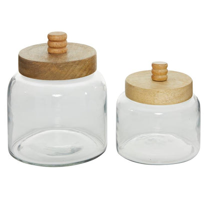CLEAR GLASS CANISTERS WITH WOOD LIDS,