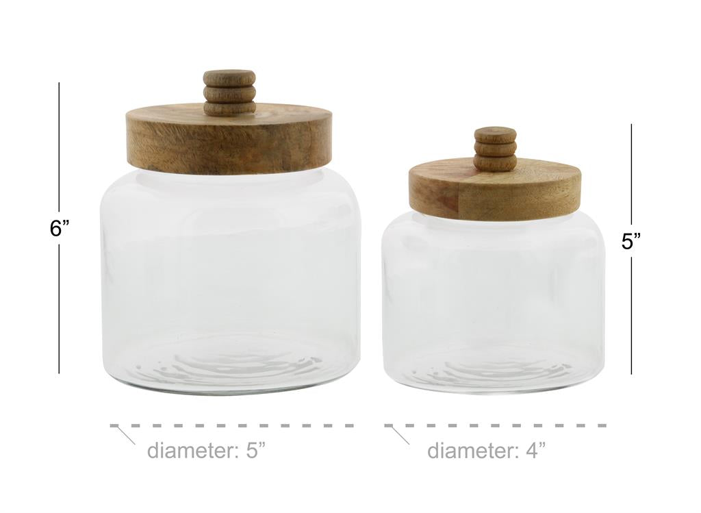 CLEAR GLASS CANISTERS WITH WOOD LIDS,