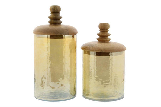 GOLD GLASS DECORATIVE JARS WITH WOOD LIDS