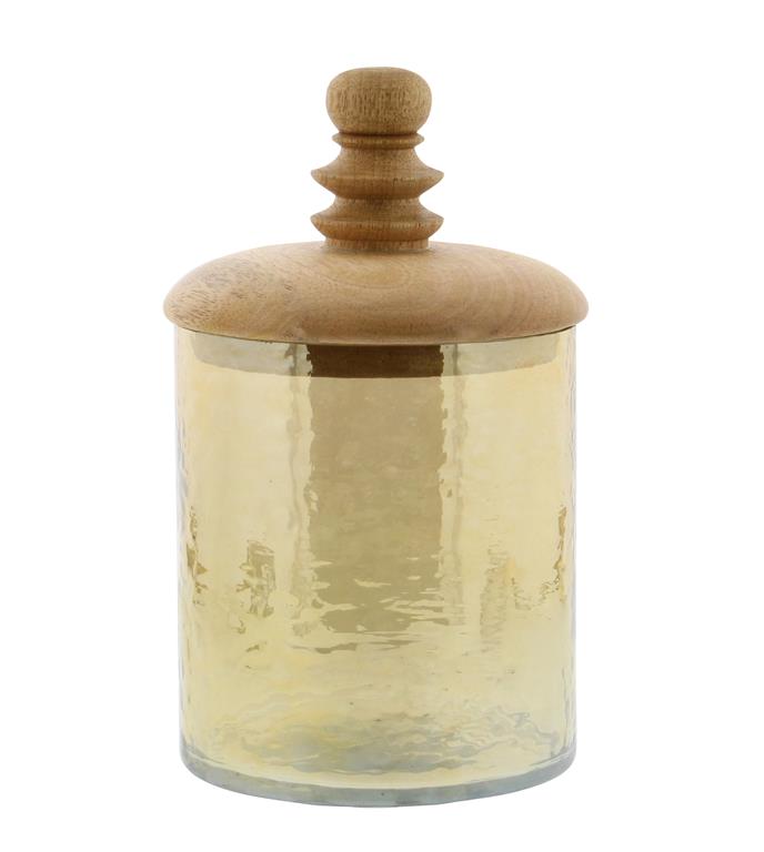GOLD GLASS DECORATIVE JARS WITH WOOD LIDS
