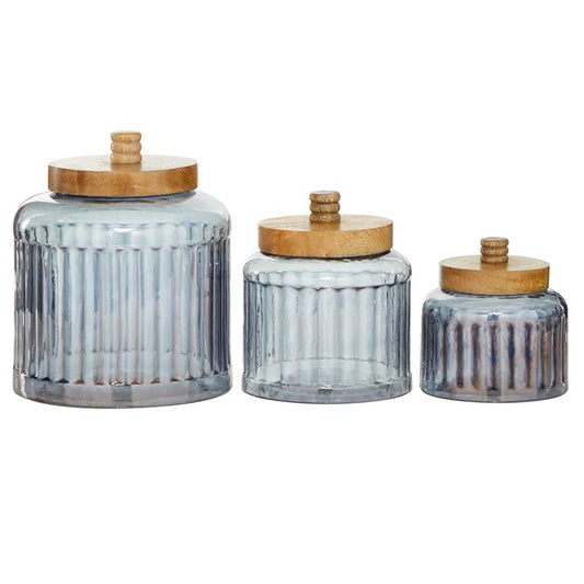 GRAY GLASS DECORATIVE JARS WITH WOOD LIDS