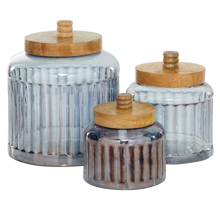 GRAY GLASS DECORATIVE JARS WITH WOOD LIDS
