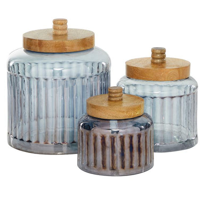 GRAY GLASS DECORATIVE JARS WITH WOOD LIDS