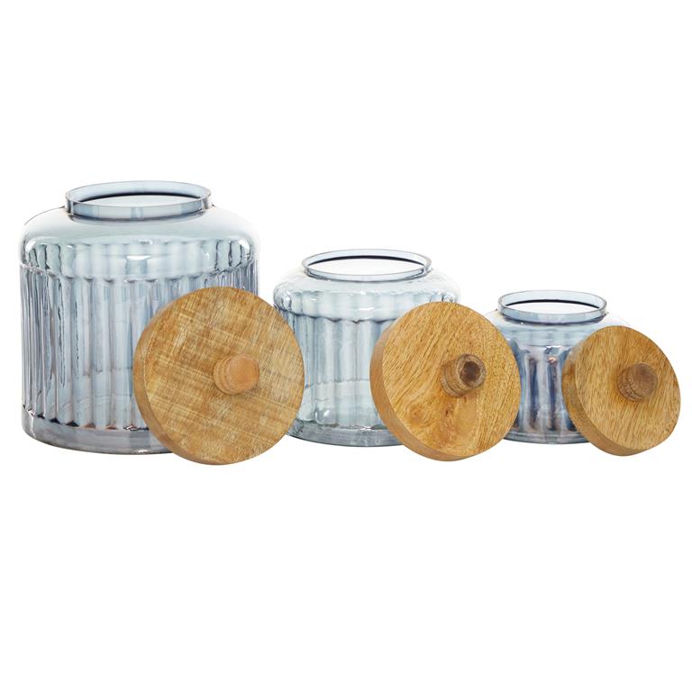 GRAY GLASS DECORATIVE JARS WITH WOOD LIDS