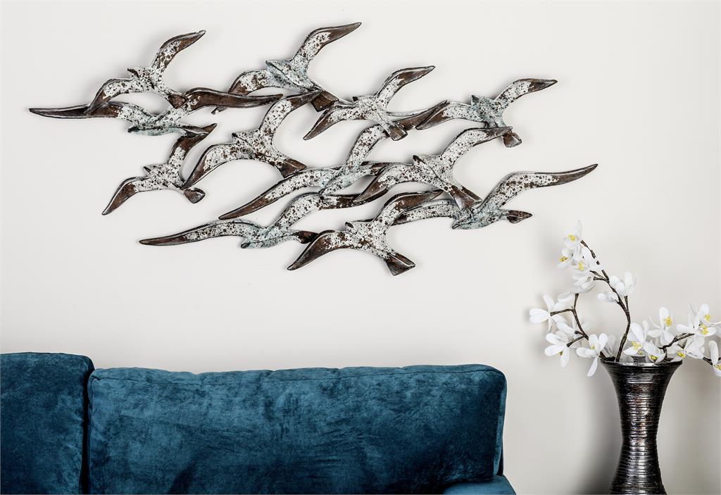 WHITE METAL BIRD FLYING FLOCK OF WALL DECOR